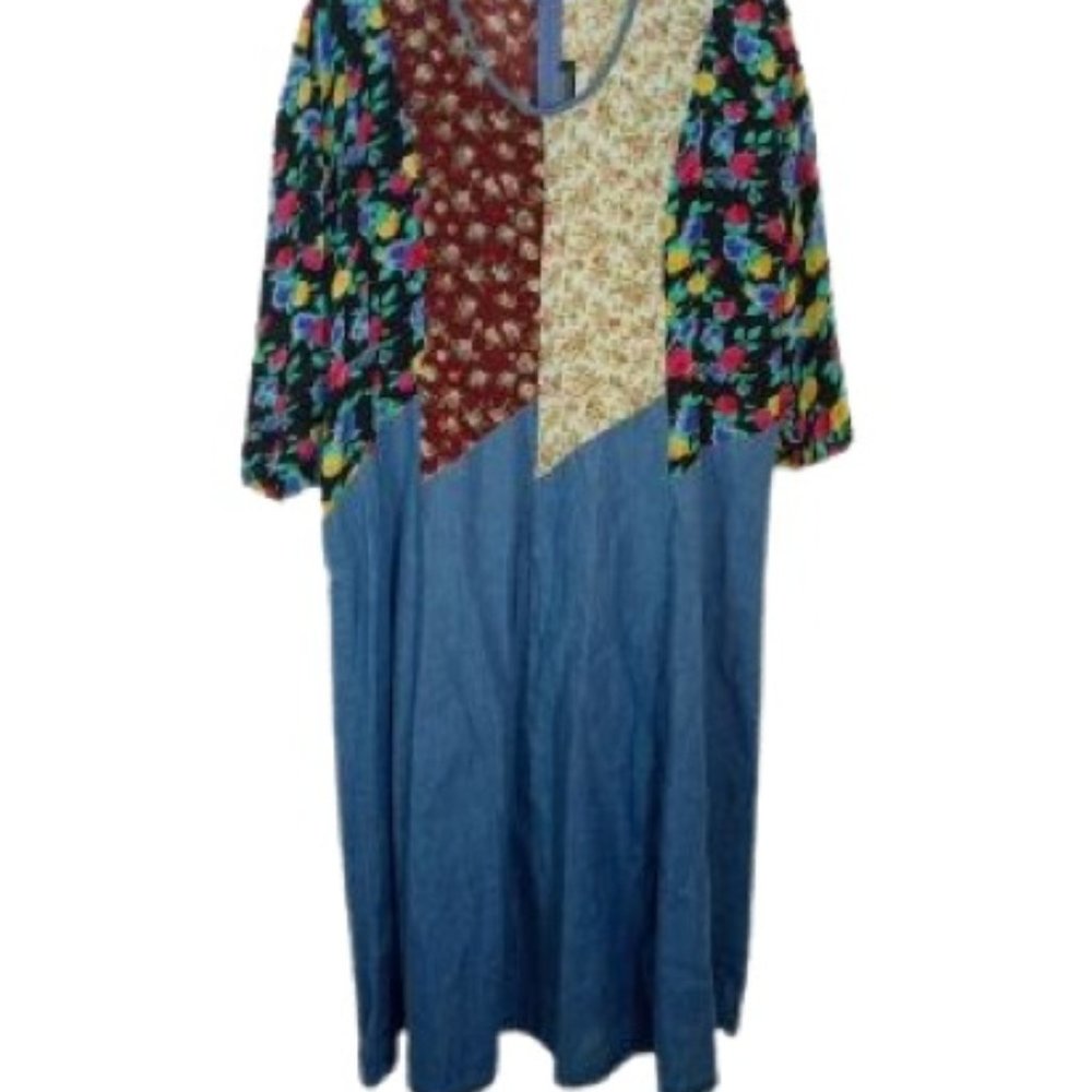 Vintage Chorus Blues Womens Midi Dress Chiffon Floral Patchwork Denim Plus 22W